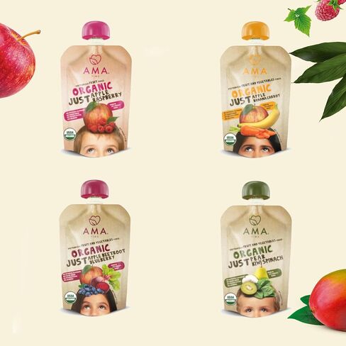 AMA TIME Organic Baby Food Pouches Variety Pack (12 Count, 8 Flavors) | Stage 1+ Fruit & Veggie Puree | Non-GMO Allergen-Free No Added Sugar | BPA-Free Pouches for Baby Led Weaning & Toddlers in Saudi Arabia