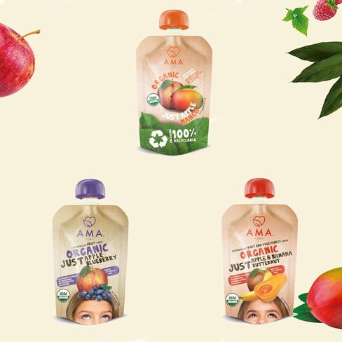 AMA TIME Organic Baby Food Pouches Variety Pack (12 Count, 8 Flavors) | Stage 1+ Fruit & Veggie Puree | Non-GMO Allergen-Free No Added Sugar | BPA-Free Pouches for Baby Led Weaning & Toddlers in Saudi Arabia
