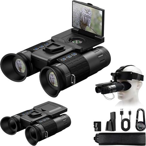 نظارات رؤية ليلية مثبتة على الرأس للبالغين، عرض شاشة مزدوجة فيديو 4K التقاط صور بدقة 48 ميجابكسل، تكبير رقمي 8X، مناظير رؤية ليلية عسكرية نطاق عرض 1968FT، مع بطاقة 64 جيجابايت in Kuwait