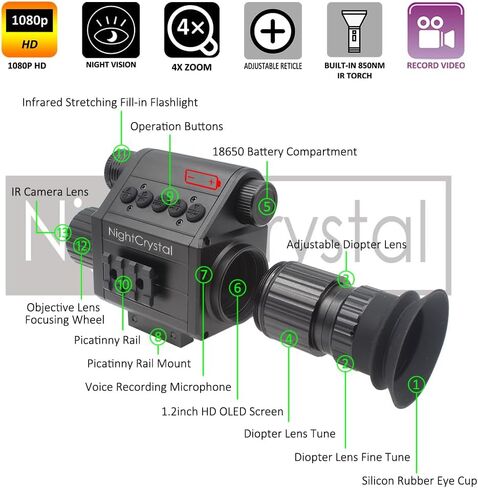 1080p التكتيكية الصيد للرؤية الليلية نطاق كاميرا فيديو أحادية DVR مع المدمج في الأشعة تحت الحمراء IR مصباح يدوي شاشة OLED HD مع التكبير الرقمي قابل للتعديل in Kuwait