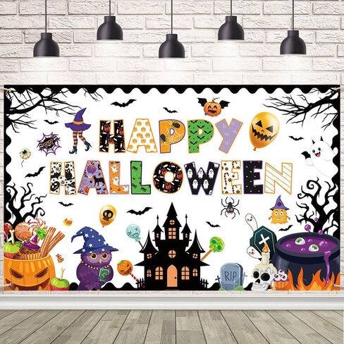 Happy Halloween Classroom Banner Backdrop Halloween Ghost Decor Ghost Boo Spider Bat Pumpkin Classroom Decor for School Home Wall Party Decor 70.8X 43.3inch in Saudi Arabia