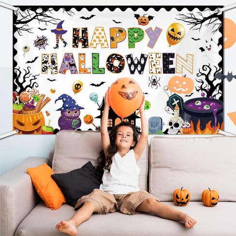 Happy Halloween Classroom Banner Backdrop Halloween Ghost Decor Ghost Boo Spider Bat Pumpkin Classroom Decor for School Home Wall Party Decor 70.8X 43.3inch in Saudi Arabia