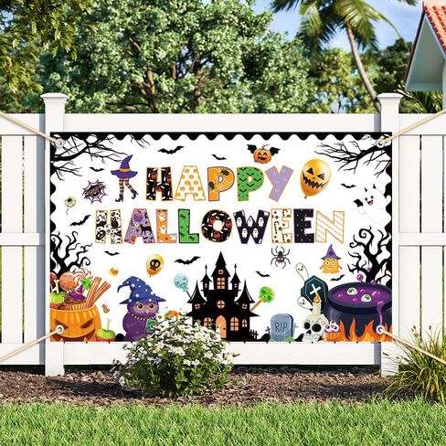 Happy Halloween Classroom Banner Backdrop Halloween Ghost Decor Ghost Boo Spider Bat Pumpkin Classroom Decor for School Home Wall Party Decor 70.8X 43.3inch in Saudi Arabia