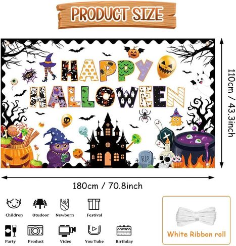 Happy Halloween Classroom Banner Backdrop Halloween Ghost Decor Ghost Boo Spider Bat Pumpkin Classroom Decor for School Home Wall Party Decor 70.8X 43.3inch in Saudi Arabia