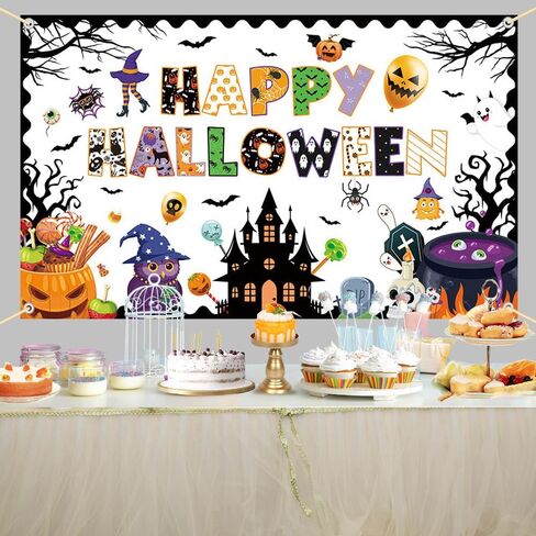 Happy Halloween Classroom Banner Backdrop Halloween Ghost Decor Ghost Boo Spider Bat Pumpkin Classroom Decor for School Home Wall Party Decor 70.8X 43.3inch in Saudi Arabia
