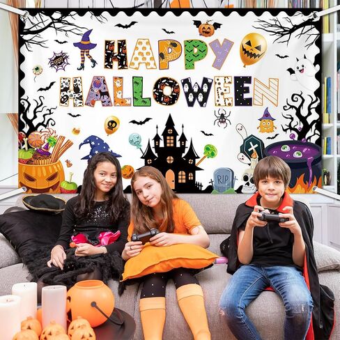 Happy Halloween Classroom Banner Backdrop Halloween Ghost Decor Ghost Boo Spider Bat Pumpkin Classroom Decor for School Home Wall Party Decor 70.8X 43.3inch in Saudi Arabia