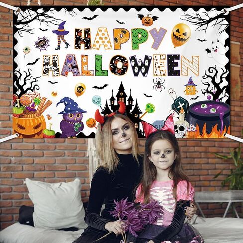 Happy Halloween Classroom Banner Backdrop Halloween Ghost Decor Ghost Boo Spider Bat Pumpkin Classroom Decor for School Home Wall Party Decor 70.8X 43.3inch in Saudi Arabia