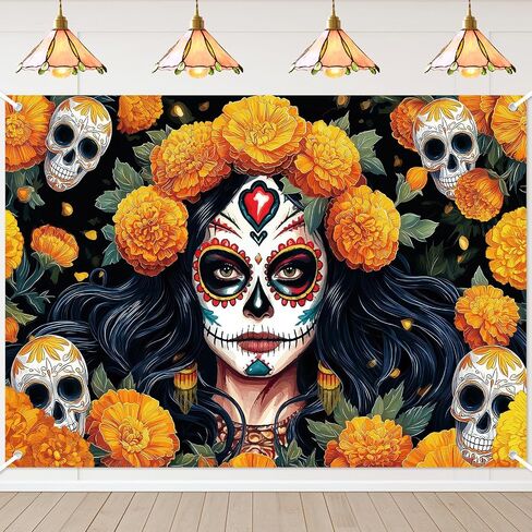Avezano Dia De Los Muertos Backdrop Day of The Dead Banner Gothic Sugar Skull Marigold Flowers Halloween Decorations and Supplies for Home (6x3.6ft) in Saudi Arabia