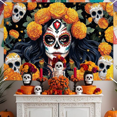 Avezano Dia De Los Muertos Backdrop Day of The Dead Banner Gothic Sugar Skull Marigold Flowers Halloween Decorations and Supplies for Home (6x3.6ft) in Saudi Arabia