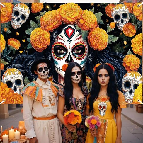 Avezano Dia De Los Muertos Backdrop Day of The Dead Banner Gothic Sugar Skull Marigold Flowers Halloween Decorations and Supplies for Home (6x3.6ft) in Saudi Arabia
