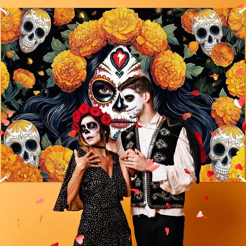 Avezano Dia De Los Muertos Backdrop Day of The Dead Banner Gothic Sugar Skull Marigold Flowers Halloween Decorations and Supplies for Home (6x3.6ft) in Saudi Arabia