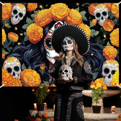 Avezano Dia De Los Muertos Backdrop Day of The Dead Banner Gothic Sugar Skull Marigold Flowers Halloween Decorations and Supplies for Home (6x3.6ft) in Saudi Arabia