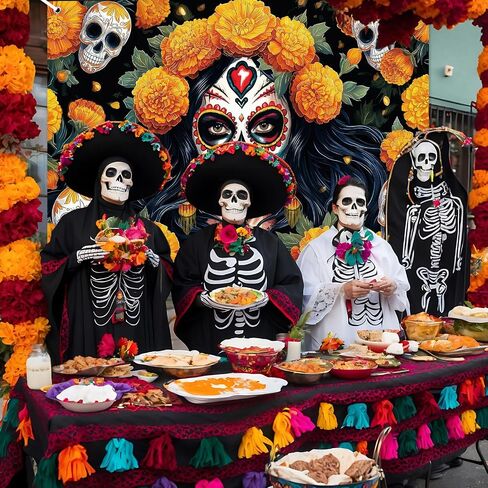 Avezano Dia De Los Muertos Backdrop Day of The Dead Banner Gothic Sugar Skull Marigold Flowers Halloween Decorations and Supplies for Home (6x3.6ft) in Saudi Arabia