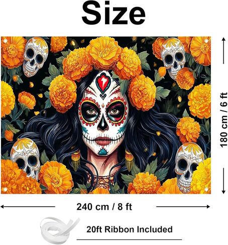 Avezano Dia De Los Muertos Backdrop Day of The Dead Banner Gothic Sugar Skull Marigold Flowers Halloween Decorations and Supplies for Home (6x3.6ft) in Saudi Arabia