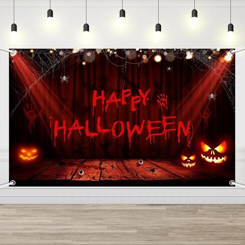 Happy Halloween Banner Handprint Bloodstain Happy Halloween Party Decoration Scary Pumpkin Banner Decorations for Indoor Outdoor 70.8x43.3inch in Saudi Arabia
