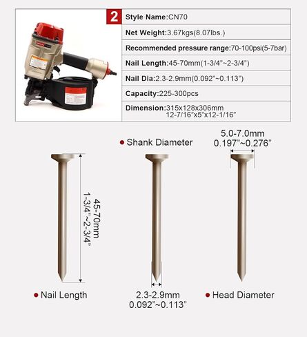 CN70 Coil Siding Nail Gun, 15 Degree Pneumatic Siding Nailer, 1-3/4-inch to 2-3/4-inch Coil Roofing Nailer for Siding Sheathing Wooding Fencing Decking in Saudi Arabia
