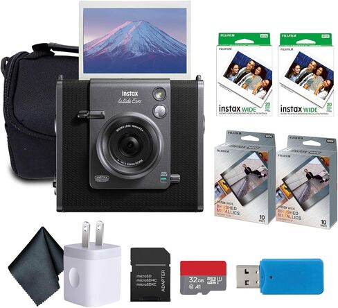 حزمة كاميرا Fujifilm Instax Wide Evo Hybrid للأفلام الفورية مع فيلم فوري معدني مصقول (10 تعريضات) + بطاقة ذاكرة 32 جيجابايت + قارئ بطاقة USB + حقيبة + قطعة قماش للتنظيف من الألياف الدقيقة in Saudi Arabia