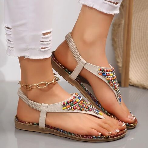 Beach Sandals for Women, Comfy for Travel, Beach or Poolside,Flat Sandals,Comfort Walking Shoes Bohemian,White 7.5 in Saudi Arabia