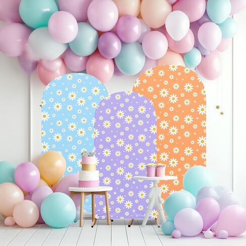 Daisy Theme Arch Backdrop Cover Set of 3 Orange Arch Covers Blue Spandex Stretch Purple Backdrop Stand 4ft, 5ft, 6ft for Wedding Birthday Banquet Ceremony Decoration in Saudi Arabia