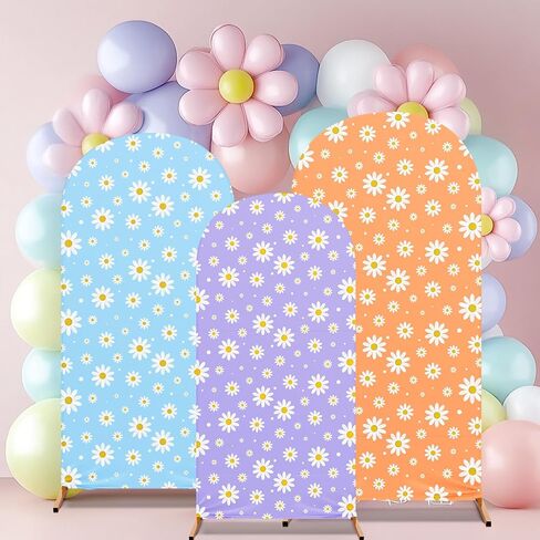Daisy Theme Arch Backdrop Cover Set of 3 Orange Arch Covers Blue Spandex Stretch Purple Backdrop Stand 4ft, 5ft, 6ft for Wedding Birthday Banquet Ceremony Decoration in Saudi Arabia