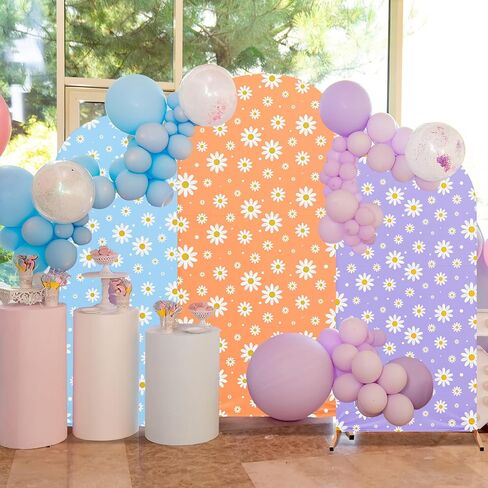 Daisy Theme Arch Backdrop Cover Set of 3 Orange Arch Covers Blue Spandex Stretch Purple Backdrop Stand 4ft, 5ft, 6ft for Wedding Birthday Banquet Ceremony Decoration in Saudi Arabia
