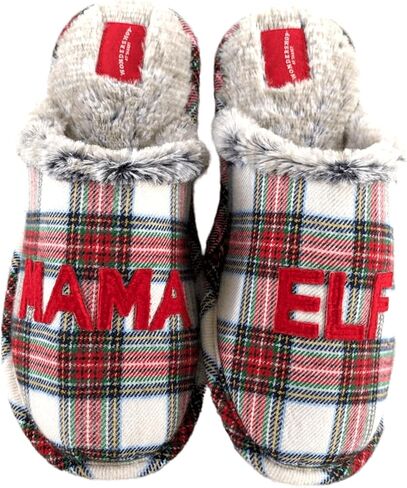 MAMA ELF Slippers Soft Slip On Faux Fur Christmas Red Plaid White Warm Fuzzy Indoor Shoes Womens in Saudi Arabia