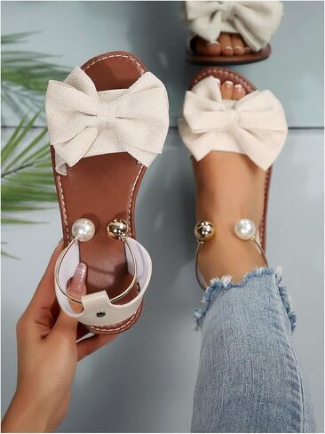 GORGLITTER Women's Bow Pearls Flat Sandals Metallic Ankle Strap Open Toe Dressy Slide Shoes in Saudi Arabia
