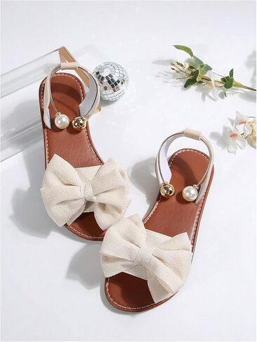 GORGLITTER Women's Bow Pearls Flat Sandals Metallic Ankle Strap Open Toe Dressy Slide Shoes in Saudi Arabia