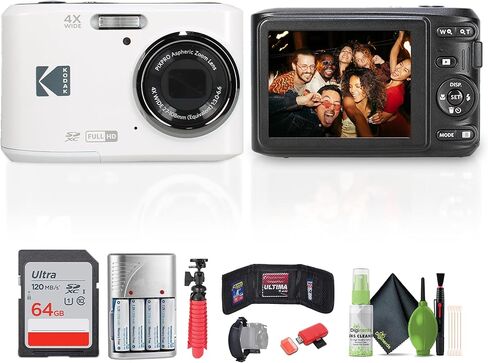 حزمة الكاميرا الرقمية Kodak Pixpro FZ45 (أبيض) تتضمن: بطاقة ذاكرة 64 جيجابايت، بطاريات قابلة لإعادة الشحن، حامل ثلاثي مرن، قارئ بطاقات، حزام يد، مجموعة تنظيف، المزيد in Kuwait