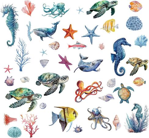 CRASPIRE 8 Sheets Sea Life Window Decals Stickers Ocean 3D Turtle Seahorse Starfish Coral Shell Summer Wall Clings Sticker PVC Self-Adhesive Peel and Stick for Bathroom Home Nursery Bedroom Bathroom in Saudi Arabia