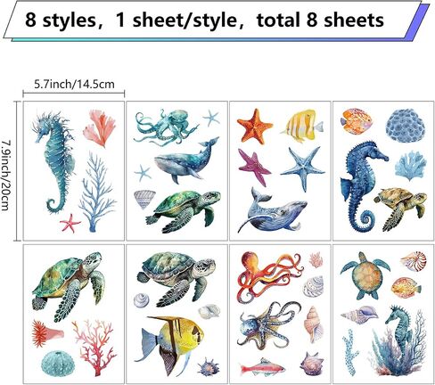 CRASPIRE 8 Sheets Sea Life Window Decals Stickers Ocean 3D Turtle Seahorse Starfish Coral Shell Summer Wall Clings Sticker PVC Self-Adhesive Peel and Stick for Bathroom Home Nursery Bedroom Bathroom in Saudi Arabia