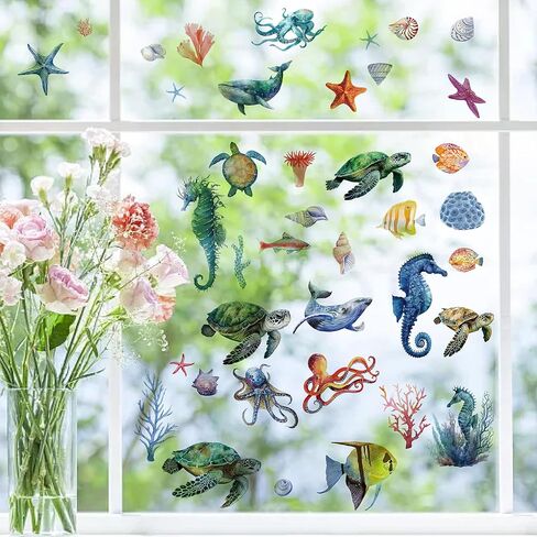 CRASPIRE 8 Sheets Sea Life Window Decals Stickers Ocean 3D Turtle Seahorse Starfish Coral Shell Summer Wall Clings Sticker PVC Self-Adhesive Peel and Stick for Bathroom Home Nursery Bedroom Bathroom in Saudi Arabia