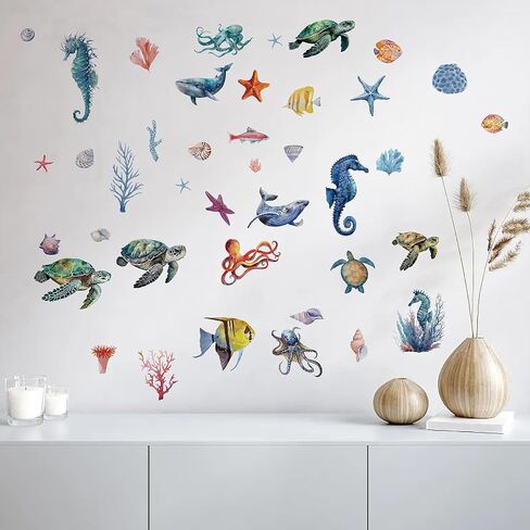 CRASPIRE 8 Sheets Sea Life Window Decals Stickers Ocean 3D Turtle Seahorse Starfish Coral Shell Summer Wall Clings Sticker PVC Self-Adhesive Peel and Stick for Bathroom Home Nursery Bedroom Bathroom in Saudi Arabia