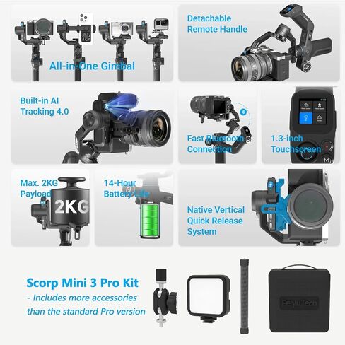FeiyuTech SCORP Mini 3 Pro Gimbal Stabilizer for Camera, Max 59ft AI Tracking, Gimbal with Remote Handle&Cooling Mount, for Sony/Canon/Nikon/Gopro/DJI Action 5 pro/iPhone(Max 4.4lbs) Vertical Shooting in Kuwait