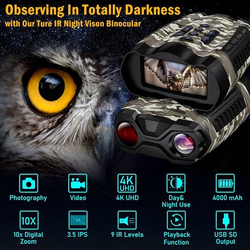 نظارات رؤية ليلية، مناظير رؤية ليلية 4K للبالغين مع شاشة HD 3.5 بوصة، بطاقة TF سعة 32 جيجابايت للصور والفيديو، 9 تروس بالأشعة تحت الحمراء وتكبير رقمي 10X لعشاق الهواء الطلق ومراقبي الحيوانات in Kuwait