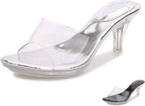 Women's Transparent Strap Clear Heels Fashion Sexy Round Open Toe Slip On Kitten Heel Sandals Mules Comfortable Casual Prom Party Wedding Dress Pump in Saudi Arabia