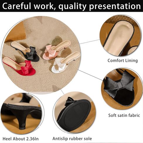 Women's Satin Kitten Heel Sandals Sexy Bow Open Toe Low Heel Mules Summer Slip-On Backless Party Wedding Prom Dress Shoes in Kuwait