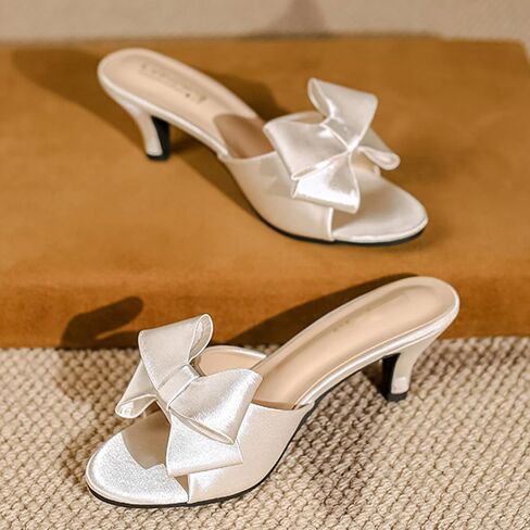 Women's Satin Kitten Heel Sandals Sexy Bow Open Toe Low Heel Mules Summer Slip-On Backless Party Wedding Prom Dress Shoes in Kuwait