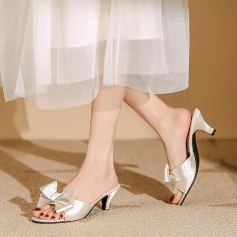 Women's Satin Kitten Heel Sandals Sexy Bow Open Toe Low Heel Mules Summer Slip-On Backless Party Wedding Prom Dress Shoes in Kuwait