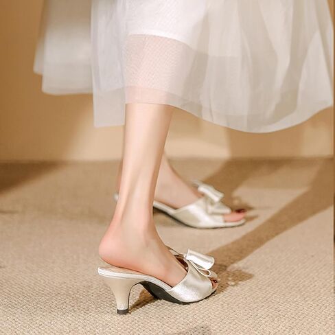 Women's Satin Kitten Heel Sandals Sexy Bow Open Toe Low Heel Mules Summer Slip-On Backless Party Wedding Prom Dress Shoes in Kuwait
