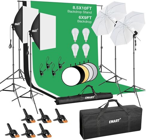 EMART 8.5 x 10 ft Backdrop Support System, with Lighting Kit, with 12 pcs Heavy Duty Muslin Spring Clamps in Saudi Arabia