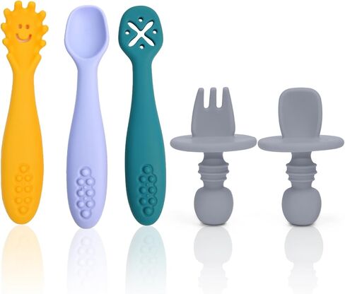 5 قطع ملاعق أطفال للتغذية الذاتية من عمر 6 أشهر فما فوق، مجموعة شوكة وملعقة للأطفال الصغار، ملاعق سيليكون للأطفال، ملاعق فطام الأطفال، المرحلة الأولى لتدريب الأطفال على التغذية الذاتية in Kuwait
