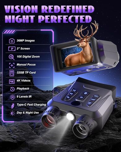 نظارات الرؤية الليلية، مناظير رؤية ليلية 4K للبالغين عالية الطاقة، كاميرا رؤية ليلية عالية الدقة 3.0 بوصة، نطاق نظارات الأشعة تحت الحمراء ونهارًا للتخييم والخارج مع بطاقة TF سعة 32 جيجابايت، تكبير رقمي 10X و9 الأشعة تحت الحمراء in Kuwait