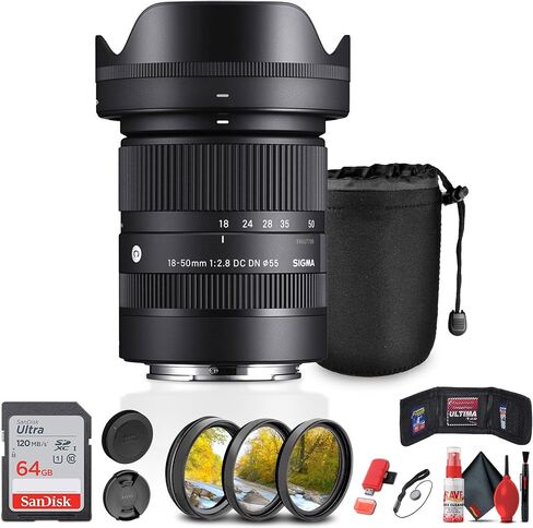 عدسة سيجما 18-50 ملم f/2.8 DC DN المعاصرة لسوني E (585965) تتضمن الحزمة: بطاقة ذاكرة 64 جيجابايت، مجموعة مرشح 3 قطع، حقيبة، أغطية العدسات، حافظة الغطاء، قارئ البطاقات، محفظة البطاقات، مجموعة التنظيف in Kuwait