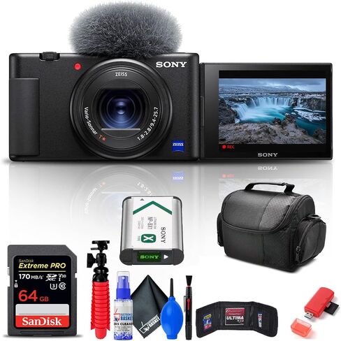 كاميرا Sony ZV-1 الرقمية (أسود) (DCZV1/B) + بطاقة ذاكرة سعة 64 جيجابايت + قارئ بطاقات + حقيبة ناعمة فاخرة + حامل ثلاثي مرن + محفظة ذاكرة + طقم تنظيف (متجدد) in Saudi Arabia