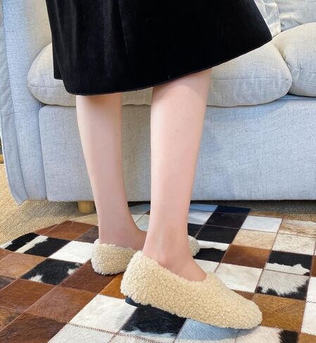 Women's Fuzzy Curly Fur Slippers Memory Foam Lightweight Closed Back House Shoes Cozy Fleece Lining Loafer with Outdoor Rubber Sole in Saudi Arabia