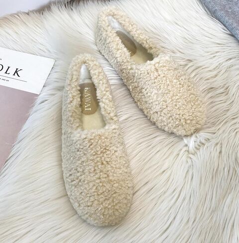 Women's Fuzzy Curly Fur Slippers Memory Foam Lightweight Closed Back House Shoes Cozy Fleece Lining Loafer with Outdoor Rubber Sole in Saudi Arabia