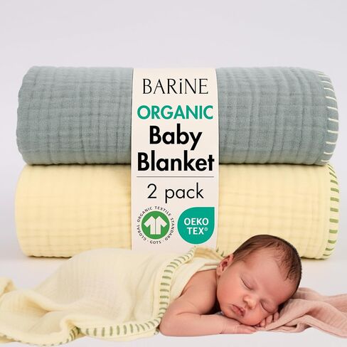 Baby Blankets for Boys & Girls – 100% Organic Turkish Cotton 4-Layer Muslin Blankets for Newborn & Toddler | GOTS & Oeko-TEX Certified | (2, Blue-Pale Yellow, Baby | 33x33 inches) in Saudi Arabia