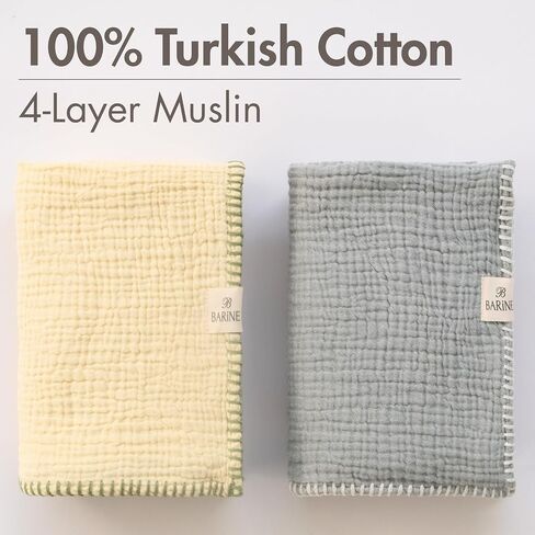 Baby Blankets for Boys & Girls – 100% Organic Turkish Cotton 4-Layer Muslin Blankets for Newborn & Toddler | GOTS & Oeko-TEX Certified | (2, Blue-Pale Yellow, Baby | 33x33 inches) in Saudi Arabia