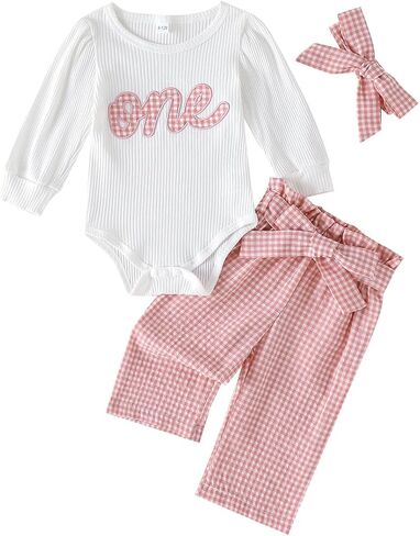 XFGLCK Baby Girl First Birthday Outfit Long sleeve romper + Plaid Pants with Belt + Headband One Year Birthday Clothes in Saudi Arabia